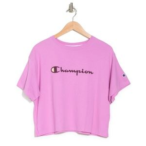 NWT Champion T-Shirt Top Womens Pink Oversized Cropped Logo Casual Cotton Size S